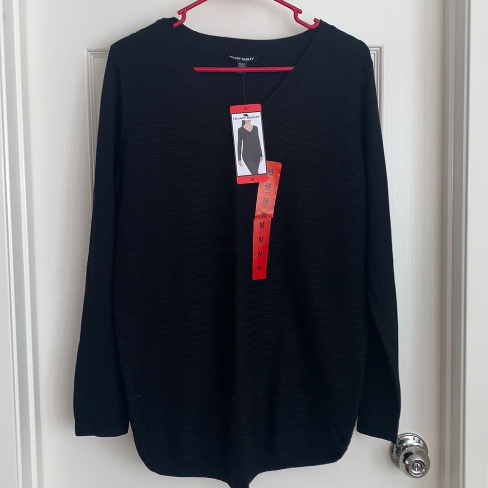 Hilary Radley Women's V-Neck Long Sleeve Tunic Sweater, Black Medium - NEW
